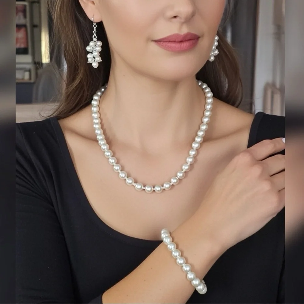 Vintage Joan Rivers Pearl Necklace & Bracelet + Charter Club Cluster Earring